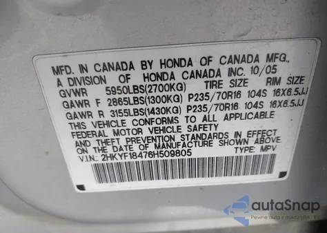 2006 Honda Pilot Ex из США, поврежденный, VIN 2HKYF18476H509805